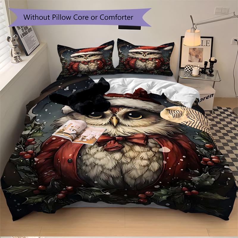 3pcs Christmas Owl Comforter Set with 1 Quilt Cover & 2 Pillowcases (No Core) - Festive Gift for Bedroom Decor, Anime Cartoon Design, Polyester Fabric