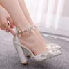 New White Pointed Crystal Wedding Shoes Thick Heels Super High Heels Bridal Shoes One-line Buckles Tassel Rhinestone Women's Sandals