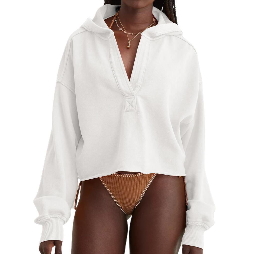Fashion Women's Spring Autumn Hooded Sweatshirt Long Sleeve Solid Color V Neck Crop Hoodie