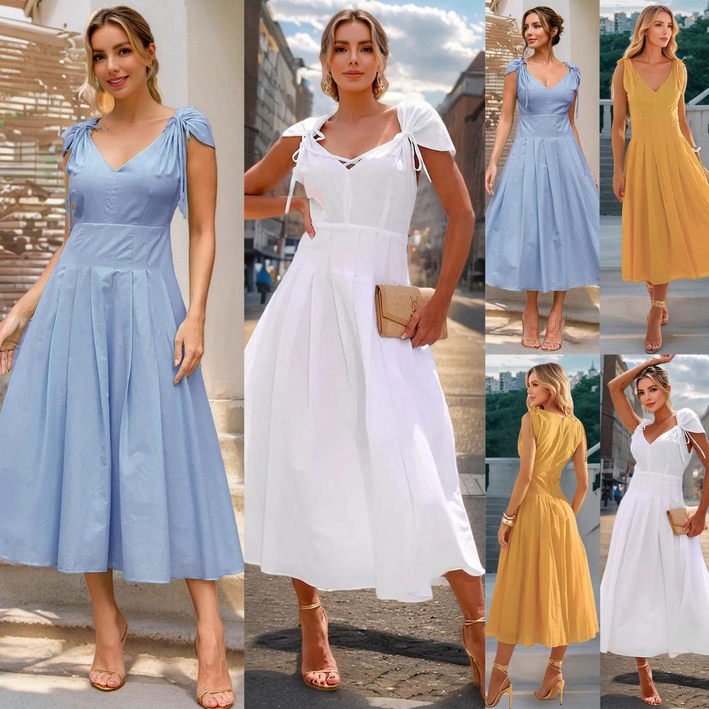 Женская мода элегантный темперамент V-образный вырез галстук А-силуэт однотонные платья