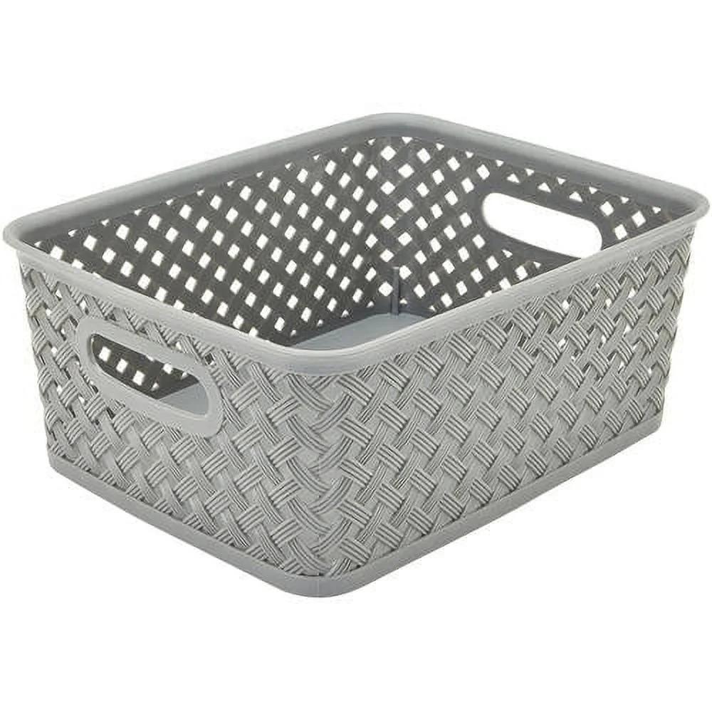 Small Wicker Storage Bin Sturdy Polypropylene Plastic Lightweight Baskets with Handles Home Organization Gray 10x8x4 In