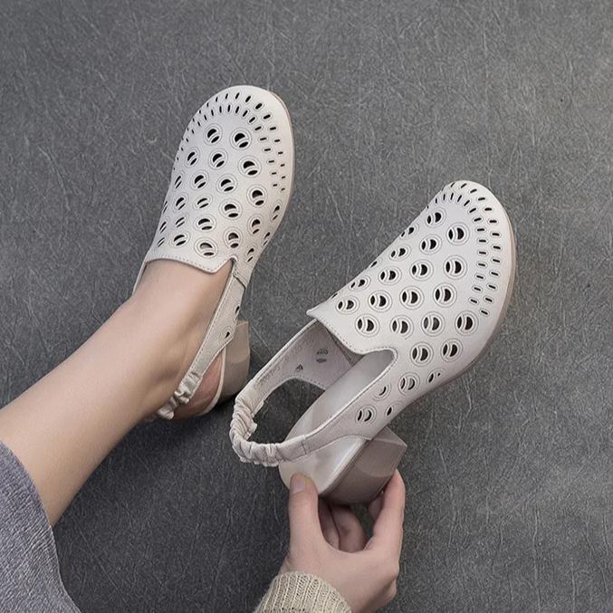 Johnature Round Toe Hollow-out Breathable Thick Heel Sandals Retro Versatile Commuting Women's Shoes