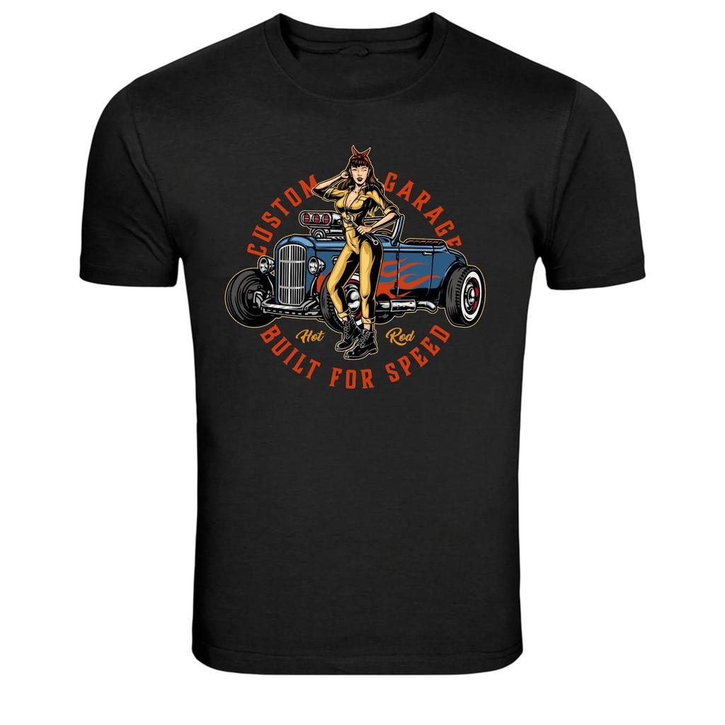 Custom Garage Hot Rod Built For Speed Pinup Graphic Tee