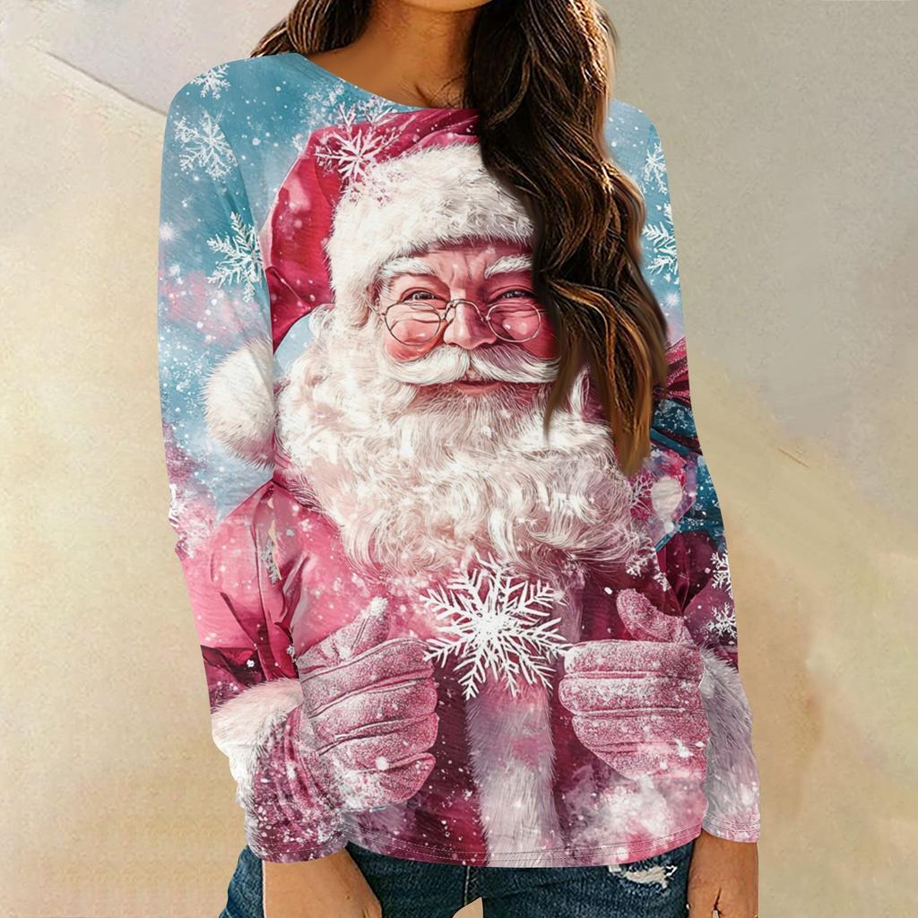 Women's Fashion Round Neck Pullover Plunging Sleeve Tee Christmas Printed Top