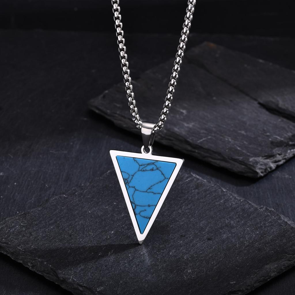 Inverted Triangle Pendant Necklace for Men Boys,Nature Stone Stainless Steel Necklaces,Hiphop Rap Man Jewelry Accessories