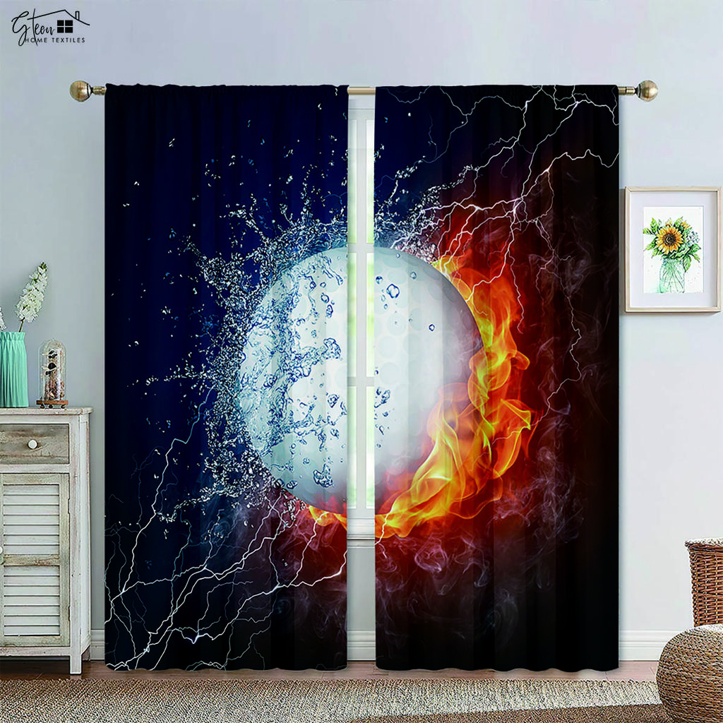 Basketball Football in Water and Fire Black Printed Curtain Rod Pocket Design Machine Washable Bedchamber Living Area Decorative Curtains