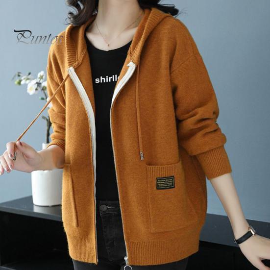 Осень-зима Женское пальто с капюшоном, завязками, длинными рукавами, карманами, плотный, сохраняющий тепло, однотонный кардиган на молнии, повседневная трикотажная куртка