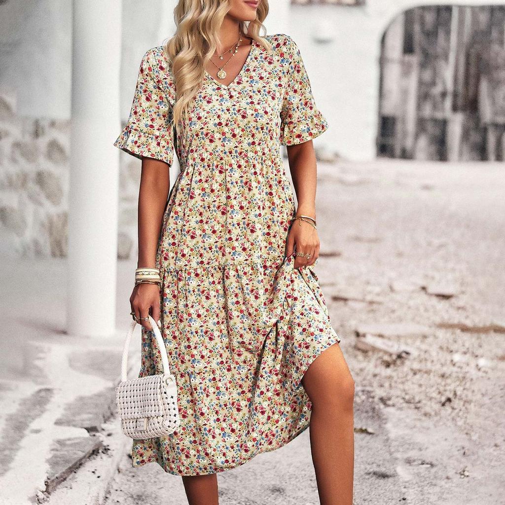 Модное и сексуальное женское элегантное платье с v-образным вырезом, летние платья с короткими рукавами