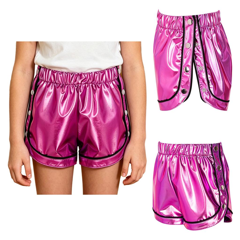 Children‘s Metallic Contrast Shorts Elastic Waistband Side Press Button Split Leg for Dance Sports Street Wear