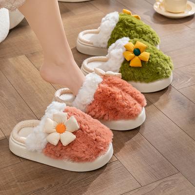 Модные зимние тапочки с цветочным узором, корейская версия, мужские и женские, теплые, плюшевые, нескользящие, для дома, для пар, плоские, с толстой подошвой, хлопковые туфли