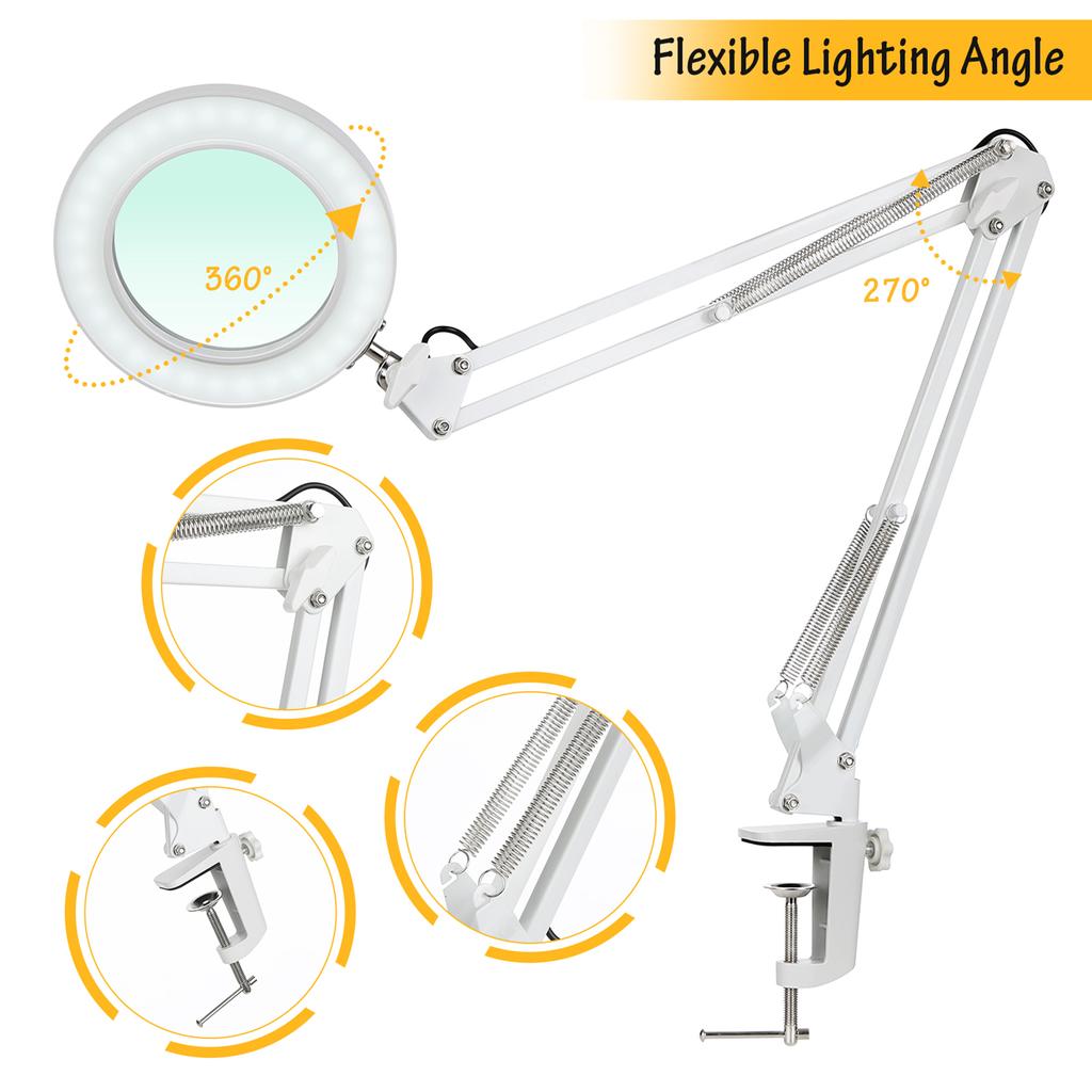 Tomshine Flexible Clamp-on Table Lamp with 8x Magnifier Swing Arm Dimmable LEDs Desk Light 3 Color