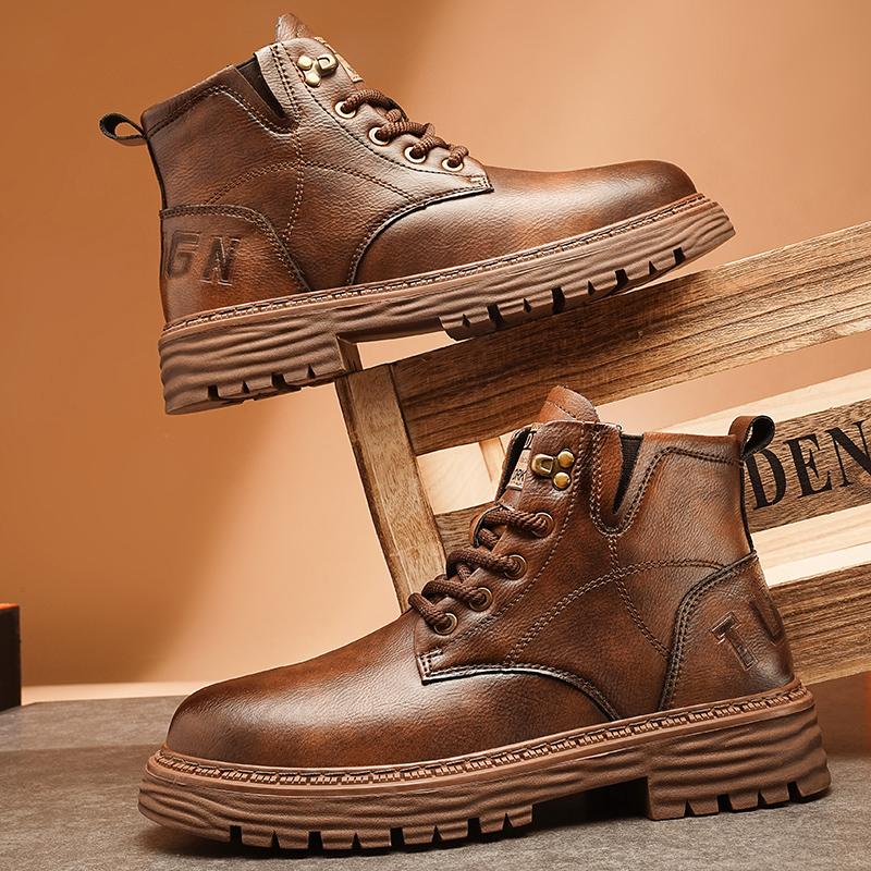 New 2024 Genuine Leather Casual Ankle Boots Men Round Toe Boots Comfy Lace-Up Anti-Slip Boots Outdoor Fashion Brand Casual Boots