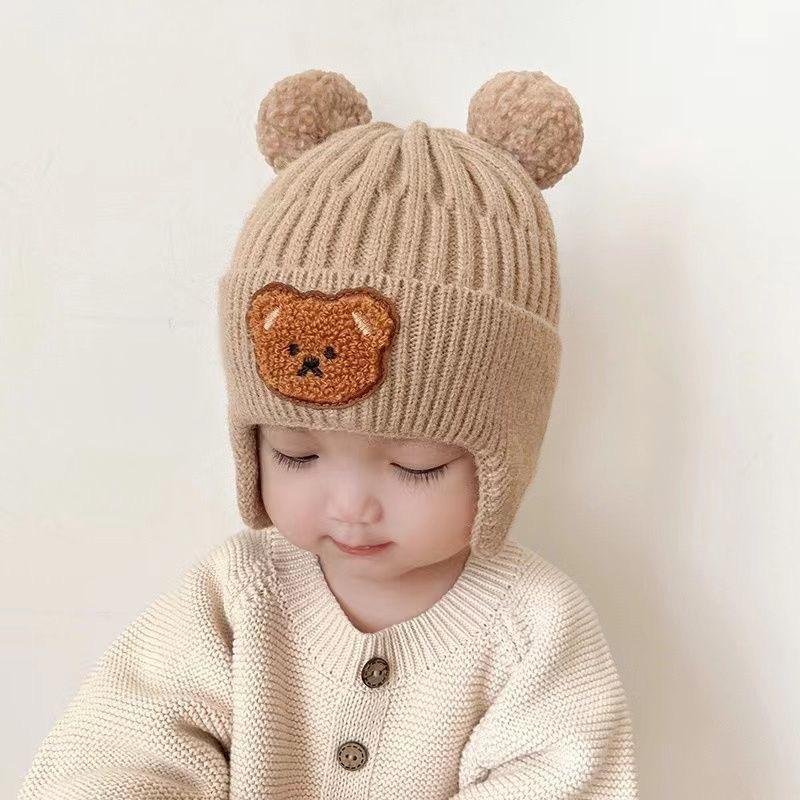 Autumn and Winter Thick Thread Knitted Hat New Cute Bear Boys and Girls Winter Plush Wool Hat Ear Protection Children's Hat
