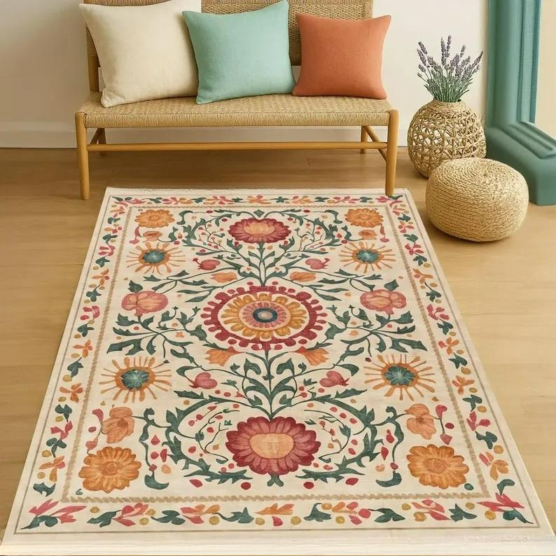 Retro Floral Plant Country Carpet for Living Room Bedroom Soft Floor Mat Decor Rug Suitable for Indoor Home Coffee Table Rug