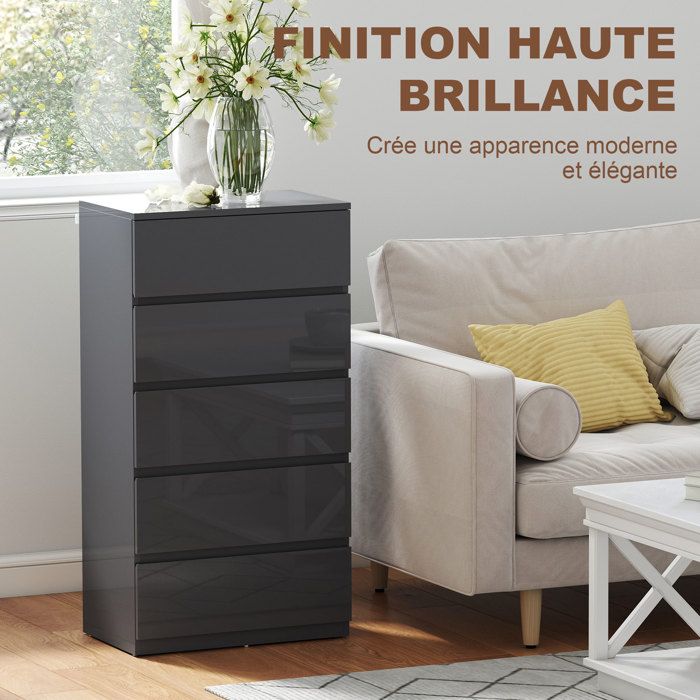 Commode 5 tiroirs - HOMCOM - haute brillance - fermeture douce et silencieuse - panneau de particules - 53 x 34 x 100 cm - gris