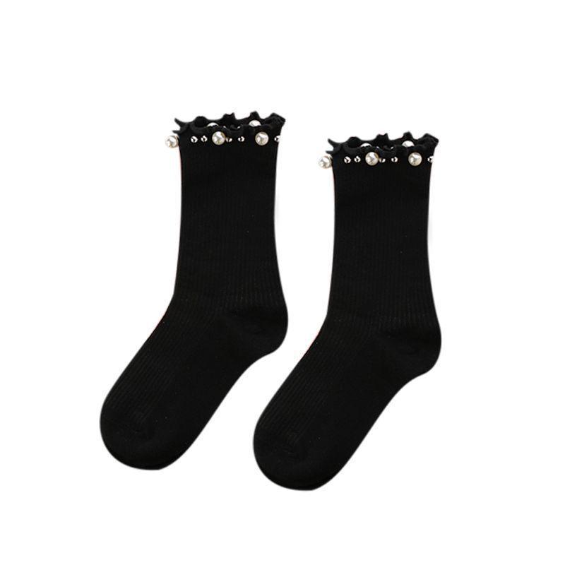 Детские хлопковые кружевные носки черного цвета с оборками по краю, длиной до середины икры, с жемчугом