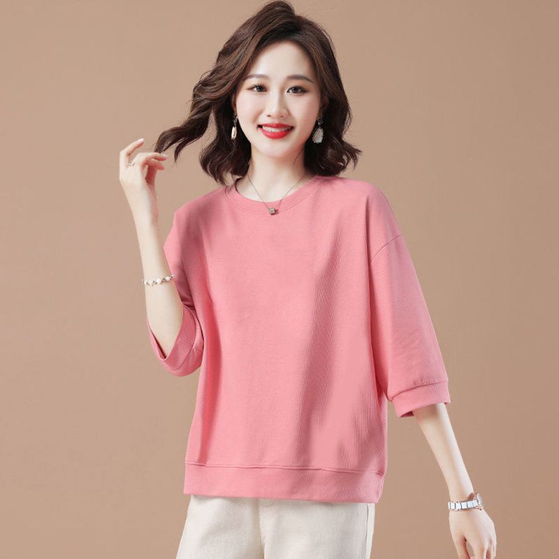 Foreign Trade Clearance 100% Cotton round Neck T-shirt 3/4 Sleeve Loose Slimming Cover Meat Western Style Light Color Spring and Summer Women's Top