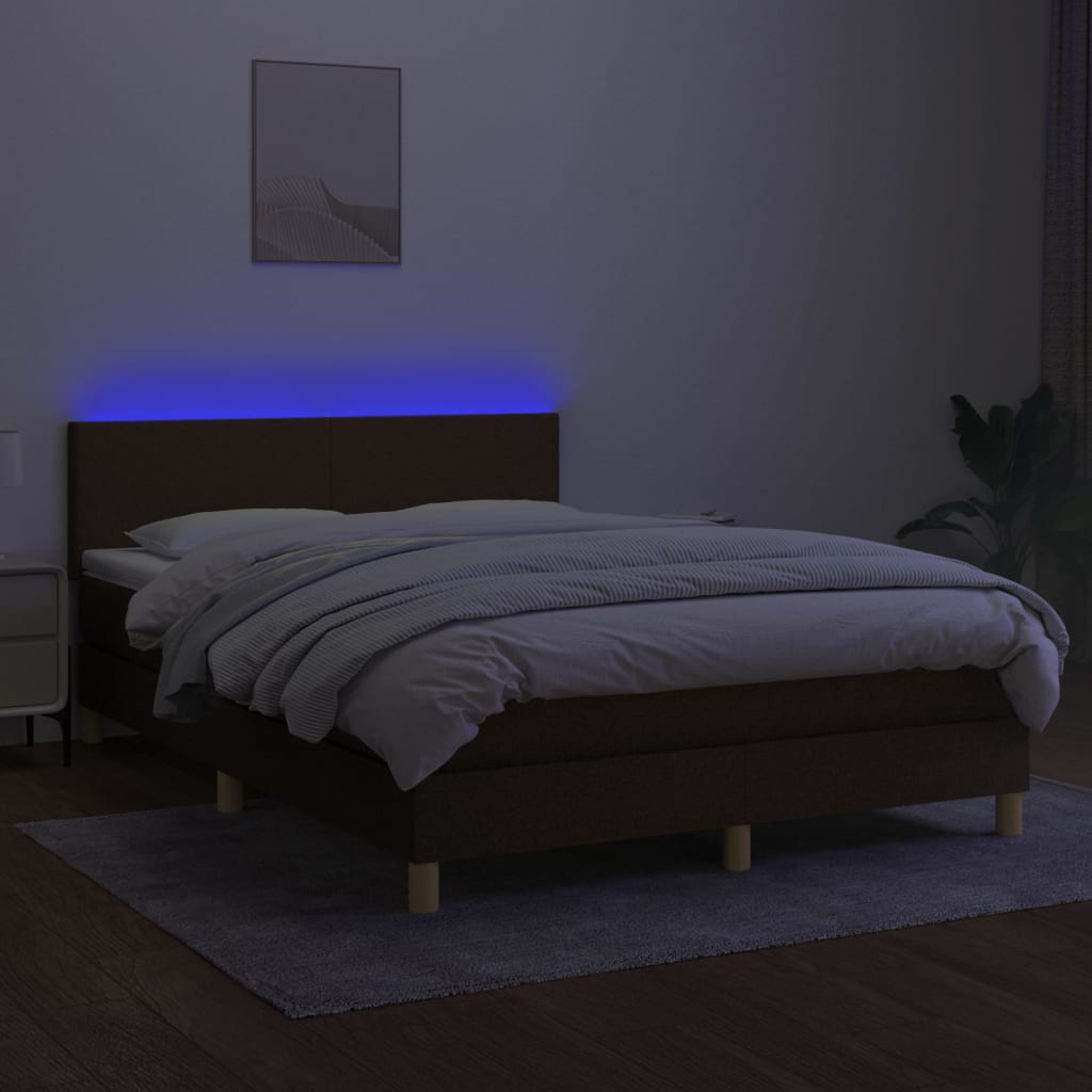 Box Spring Bed with Mattress & LED Dark Brown 140x190 cm Fabric