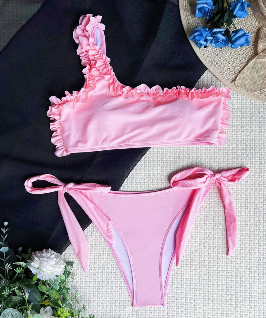 Women's Swimsuit Solid Color One Shoulder Lace Sexy Bikini Side Tie Thong Brazilian Beachwear Bathing Suits