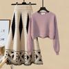 Large Size Women's Autumn Fashion Knit Sweater 2 Piece Set Long Sleeve Pullover Sexy Crop Top And Tassel Hem Skirt
