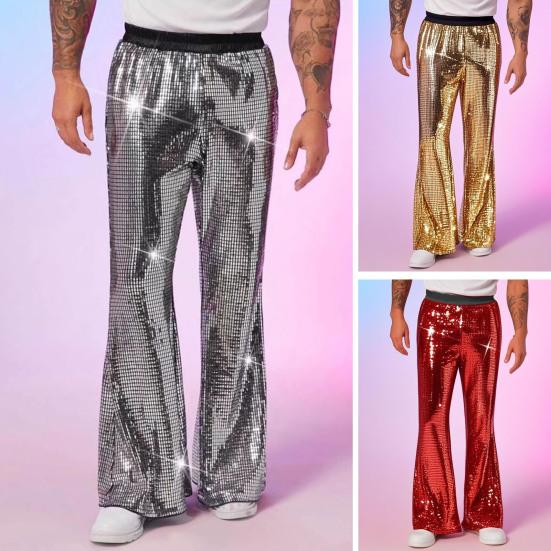 Men's Sequin Flared Trousers Shiny Hip-Hop Disco Pants Elastic Waist Retro Wide Leg Pants for Stage Performance Night Club Bar Dance