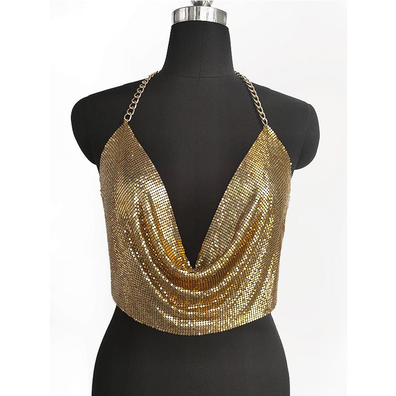 Shining Sequins, Bright Diamonds, Nightclub Style, Sexy, Metal Chain, Neck Hanging V-neck, Backless Top, Tank Top, Sexy Look