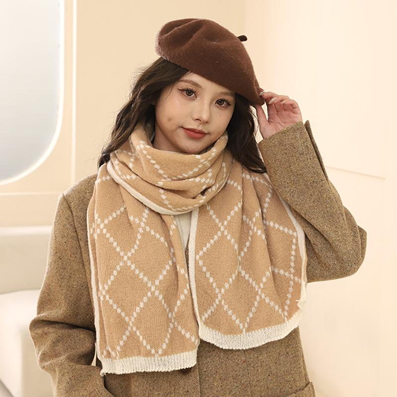 Winter New Double Sided Versatile Diamond Grid Knitted Couple'S Wool Scarf, Male And Female Student Gift Scarf, Korean Edition