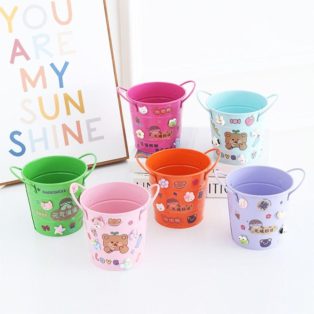 Iron Pen Holder High-capacity Desktop Organizer Cartoon Makeup Brush Storage Bucket School Office