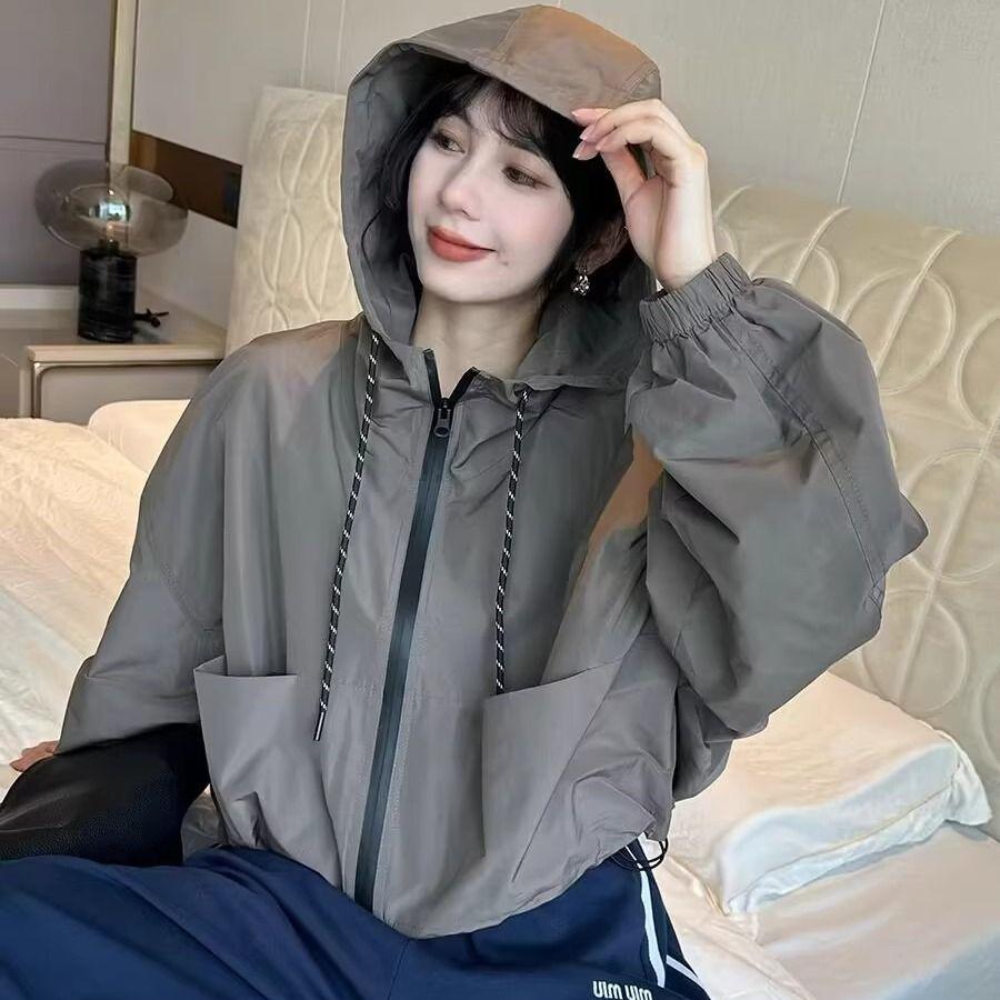 Женская куртка-ветровка с капюшоном на кулиске, ранняя осень, свободный модный топ для женщин