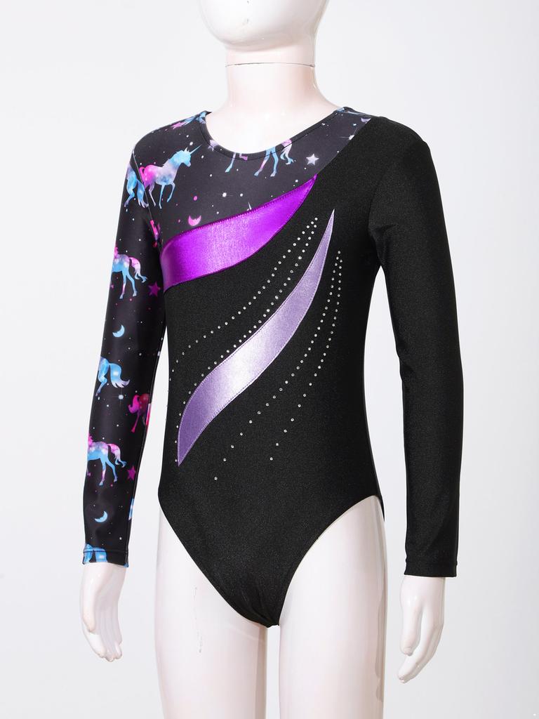 Детский гимнастический купальник с блестящим декором из стразов для девочек, боди с круглым вырезом и длинными рукавами для фитнеса и танцев, наряд