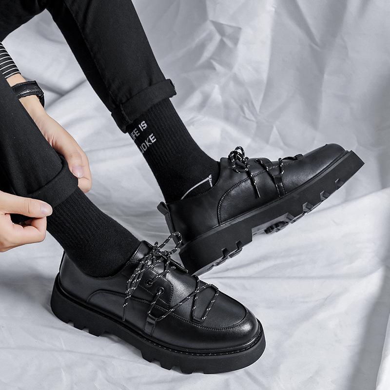2024 Men's Japan Karajuku Korean Style Fashion Streetwear Thick Platform Casual Black Leather Shoes Lace Up Dress Leather Shoes