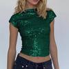 Summer New Sexy Backless Casual Sequin T-shirt Women Round Neck Short Sleeve Slim Fit Women's T Shirt Street Solid Simple Y2K Ladies Tee Tops 26135
