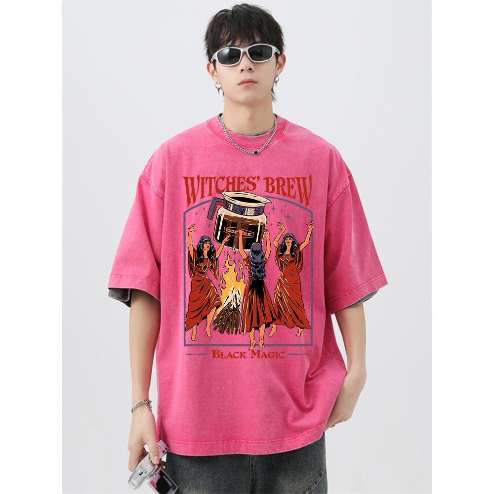 Ведьмы варят кофе Black Magic Washed Retro Мужские топы Свободная уличная футболка Летняя футболка Большие свободные футболки