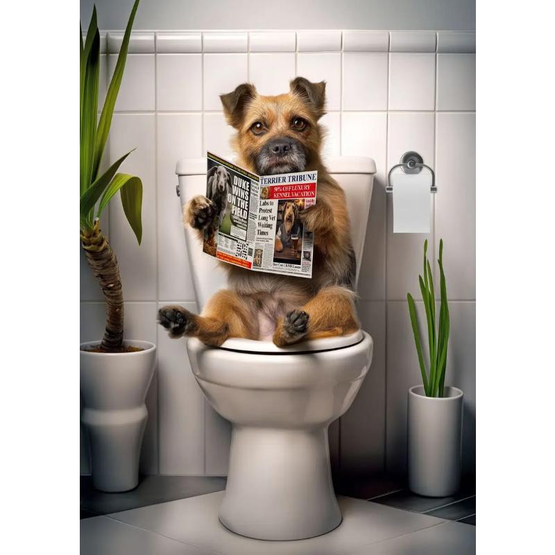 Современный лев, собака, хайленд, сидящая на унитазе и читающая газету, плакат, забавный принт с животными, картина на холсте, декор для ванной комнаты, картина