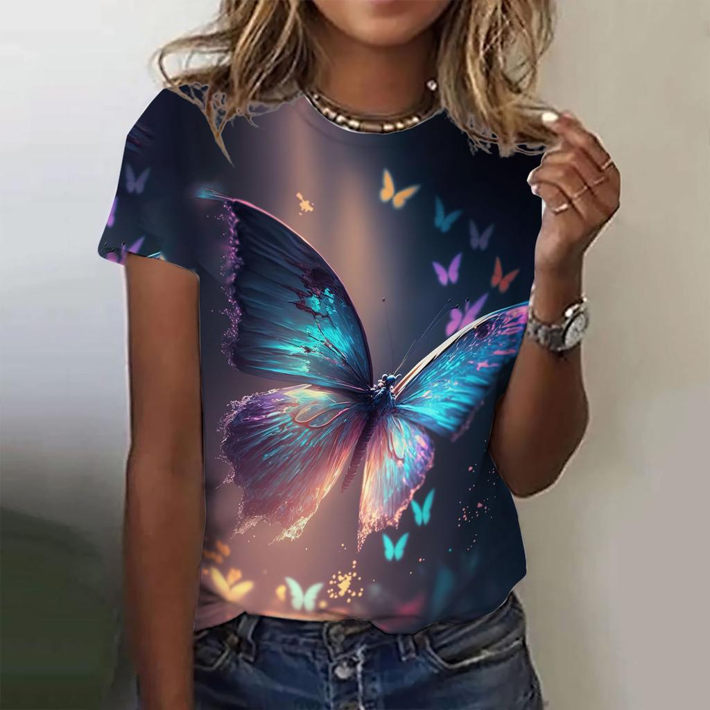 2025 Fashion Women's T-shirt 3d Butterfly Print Round Neck Short-sleeved T-shirt Luxury Women's T-shirt Oversized Girl Clothing