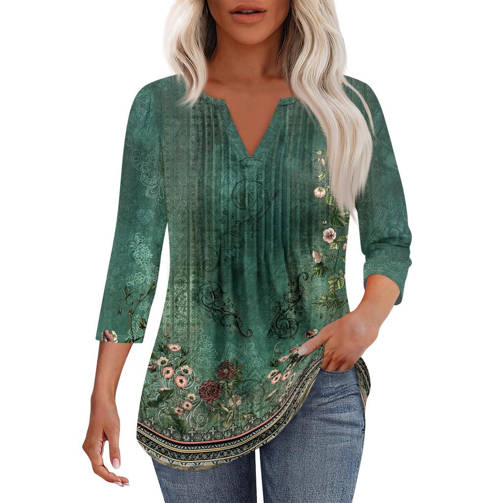 Женская модная повседневная плиссированная футболка с V-образным вырезом и рукавом семь четвертей