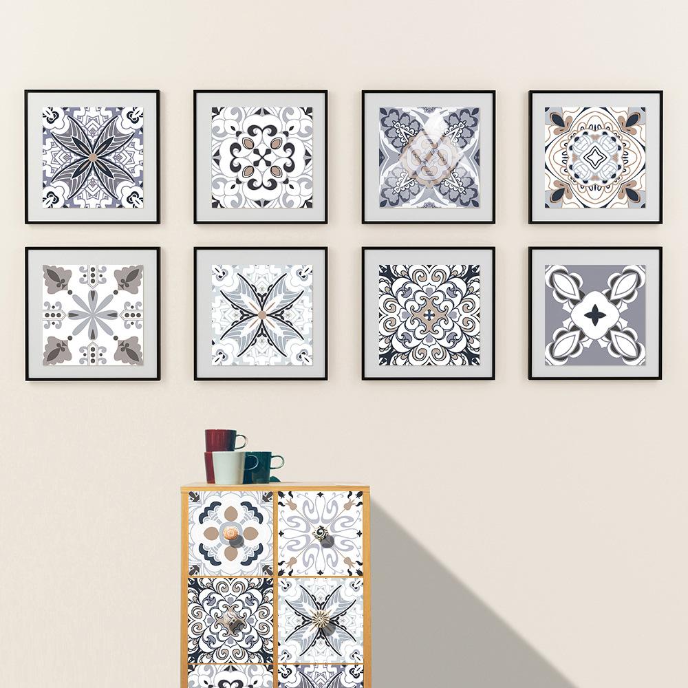 10 шт. серо-белый ретро-узор на плитку, наклейка на кухонный фартук, настенные наклейки для гардероба, глянцевая поверхность, пилинг и палка, ПВХ, художественная фреска