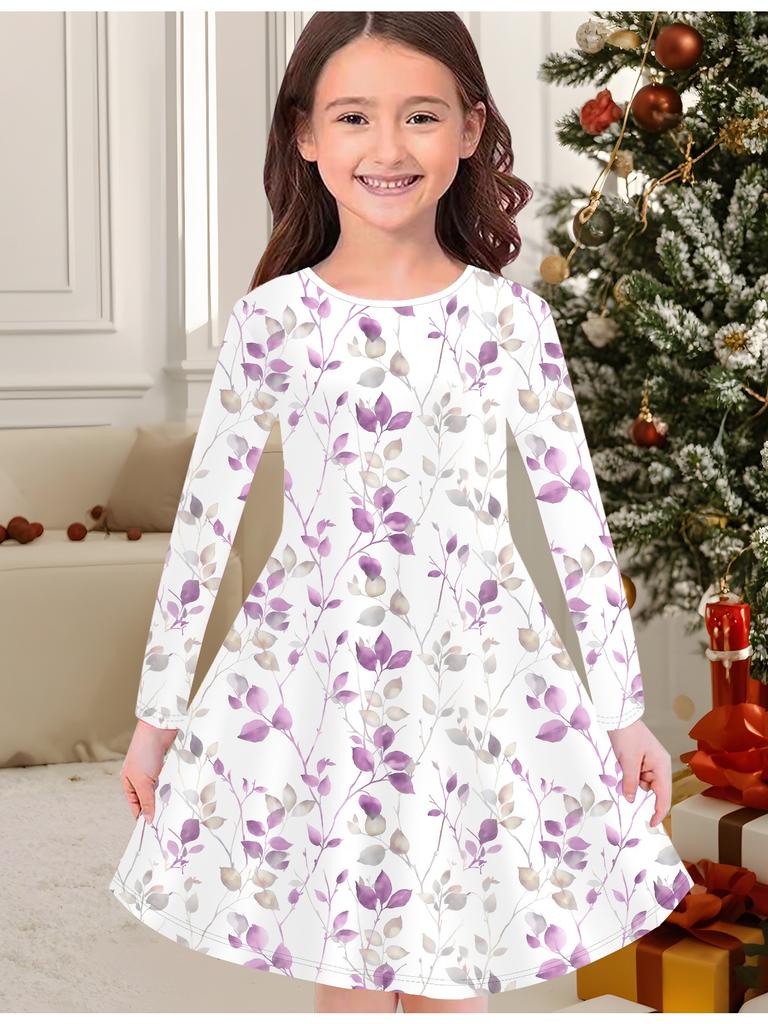 Girls' Autumn and Winter Fashion Dress, 3D Butterfly Print Round Neck Long Children's T-shirt Dress, Casual Versatile, Christmas Clothing
