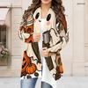 Women Plus Size Long Sleeve Open Front Cardigan Halloween Pumpkin Floral Printed Draped Collar Curved Hem