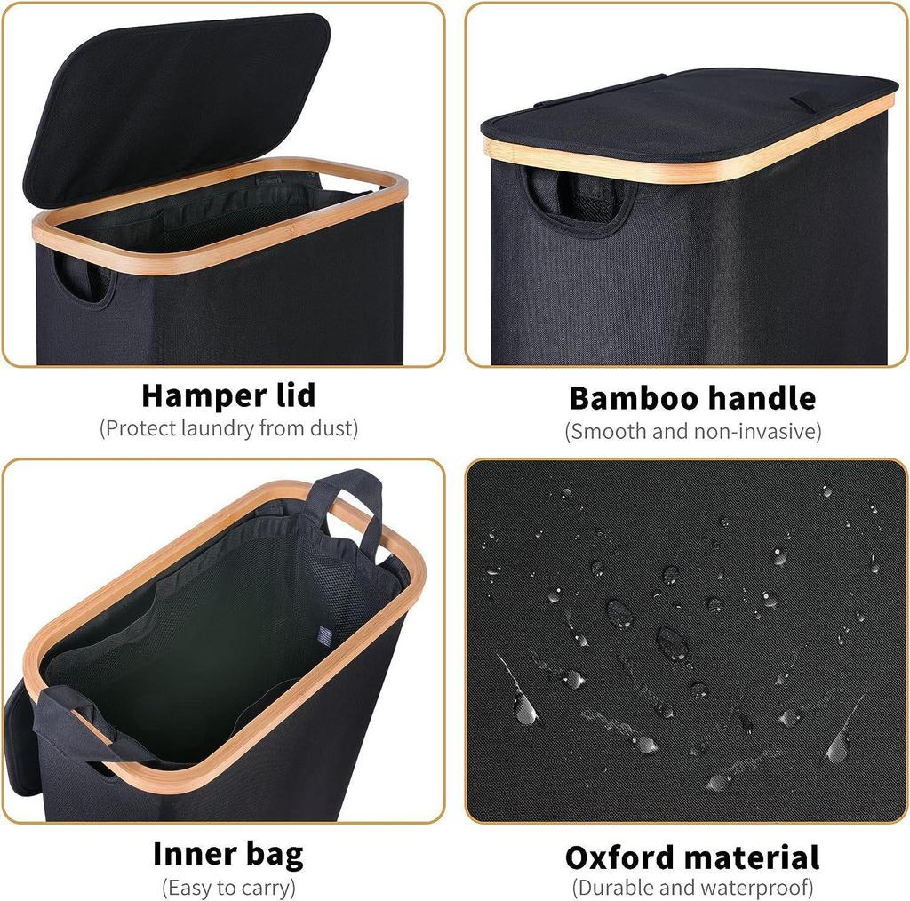 Foldable Bamboo Laundry Basket with Lid and Inner Bag for Bathroom/Bedroom