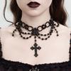 Темное многослойное колье-чокер с бахромой до ключиц женское, готический кулон с крестом, винтажное ожерелье из бусин