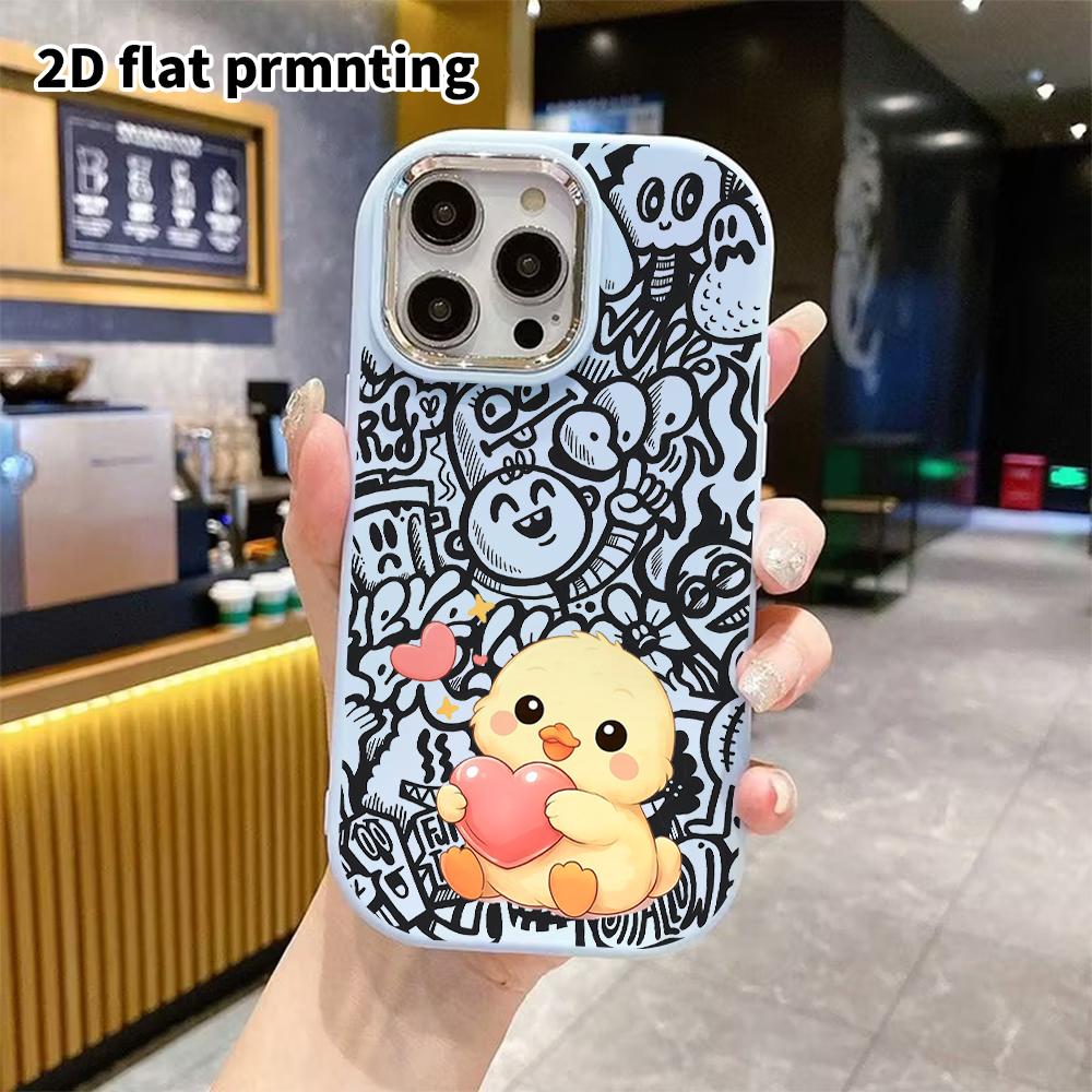 Phone Case: 2D flat design suitable for iPhone 18 17 16 15 14 13 Pro protective case, couple style, hugging a cute little yellow duck, Christmas and H