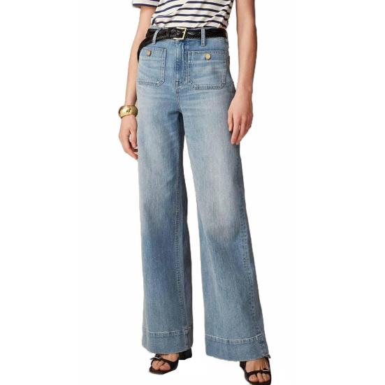 Женские джинсы с расклешенным подолом, прямые эластичные цветные свободные высокие широкие штаны, однотонная талия, повседневная уличная одежда с несколькими карманами, декор на пуговицах