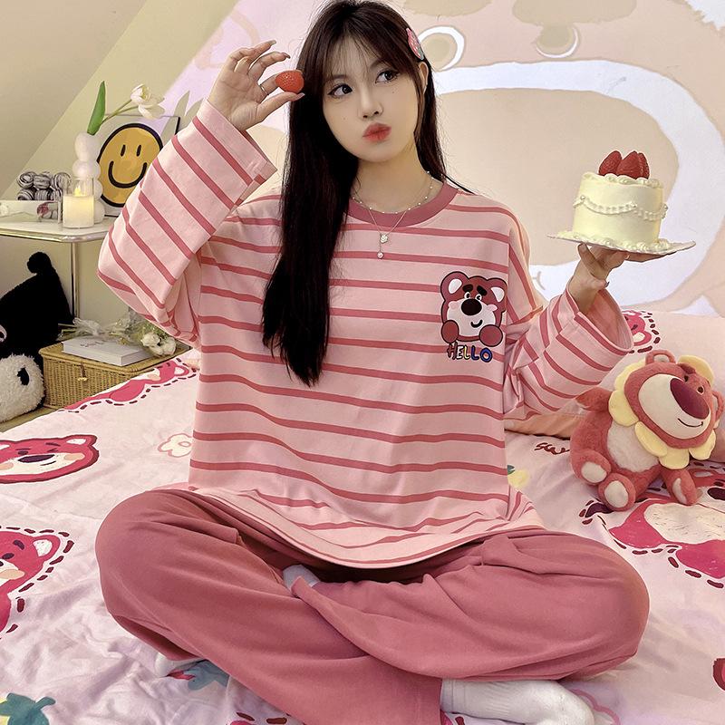 Женский пижамный комплект с длинным рукавом - Милый мультяшный принт, Большой размер, для весны и осени, для дома/улицы