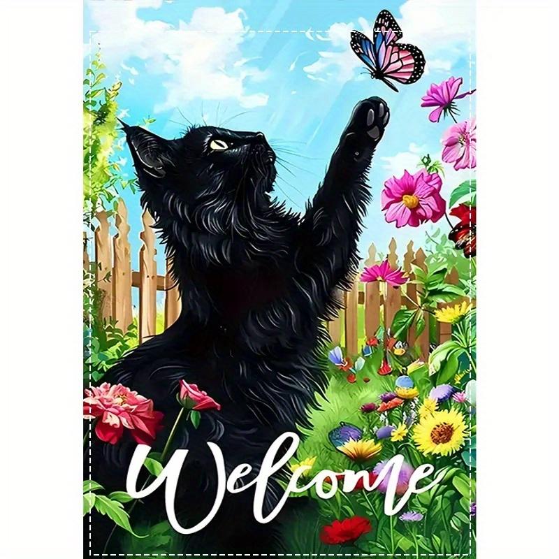 Welcome Black Cat And Butterfly Garden Flag - Double Sided, Polyester, Multifunctional Outdoor Decorative Flag - No Electricity Required - Washable Fa