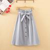Spring Autumn Women Midi Knee Length Button High Waist Pleated School Skirt