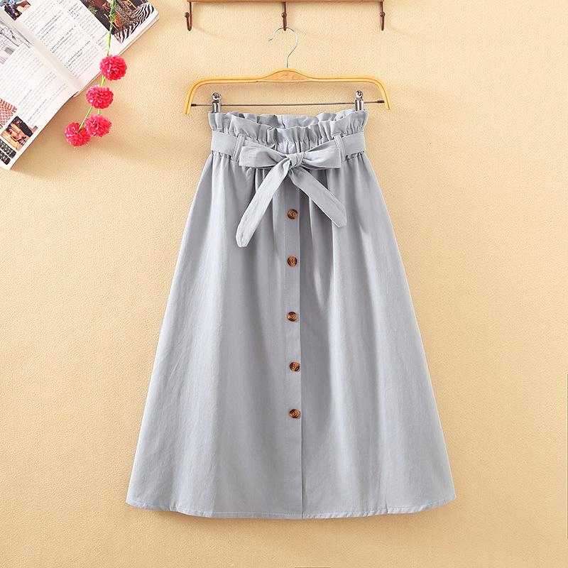 Spring Autumn Women Midi Knee Length Button High Waist Pleated School Skirt