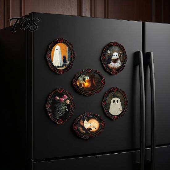 Decorative Magnetic Photo Holders Halloween Wooden Refrigerator Magnets, Vintage Gothic Oval Frame Fridge Magnets with Witch Ghost Decors Castle Art,
