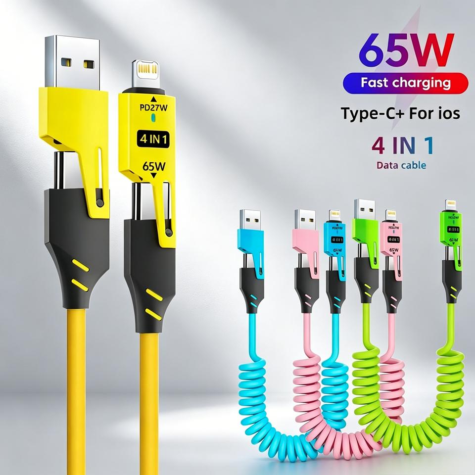 4 in 1 65W Spring Fast Charging USB C Cable For iPhone Xiaomi Redmi POCO Huawei Honor Universal Quick Charging Type C USB Cable