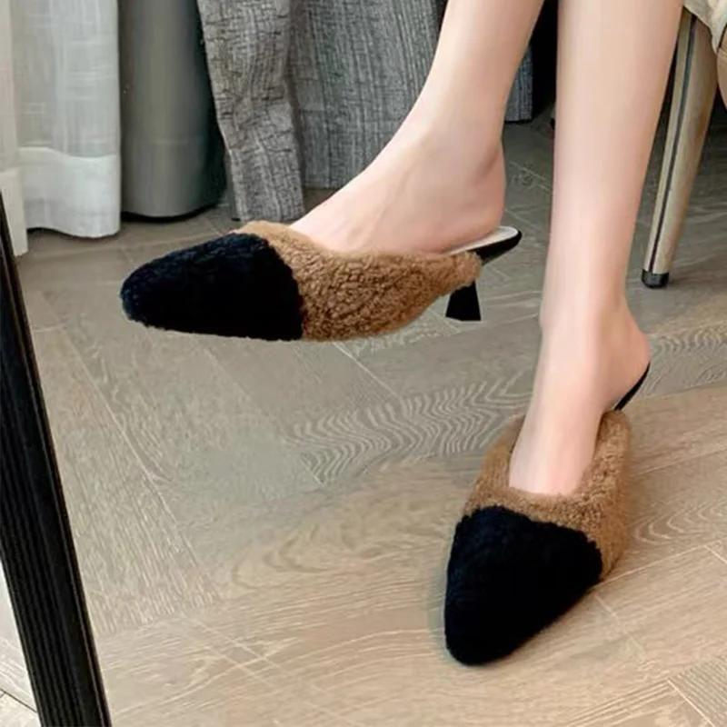 Sexy Pointed Toe Fur Slippers Women Heels Shoes Winter Elegant Mules Shoes 2024 New Fashion Flip Flops Slingback Pumps Sandals